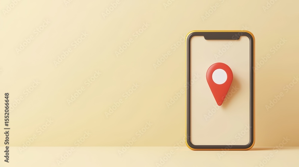 Poster smartphone with location pin symbol on soft colored background for navigation and mapping concepts