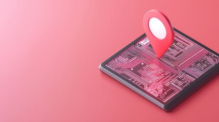 Modern Technology Concept with Location Pin and Circuit Board on Pink Background for Innovative Applications