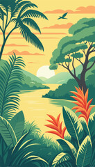 Beautiful Tropical Jungle Landscape with Sunset Sky. Vector illustration