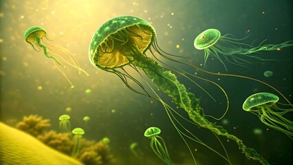 Luminous Green Jellyfish Swarm Gracefully Through Sunlit Ocean Depths