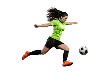 Dynamic Female Soccer Player Kicking Ball in Action Shot on Transparent 