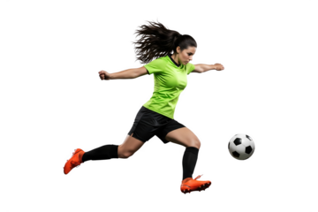 Dynamic Female Soccer Player Kicking Ball in Action Shot on Transparent
