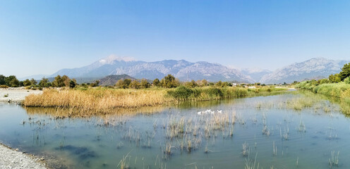 Serene landscape featuring calm river, lush greenery, and distant mountains under clear blue sky