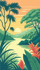Beautiful Tropical Jungle Landscape with Sunset Sky. Vector illustration
