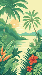 Beautiful Tropical Jungle Landscape with Sunset Sky. Vector illustration