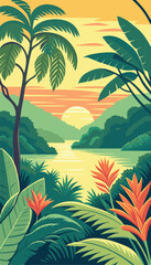 Beautiful Tropical Jungle Landscape with Sunset Sky. Vector illustration