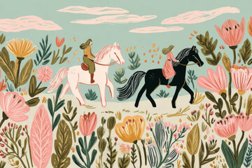 Two riders enjoy a tranquil summer ride on horses, gracefully moving past vibrant wildflowers that fill the landscape with color and life. The warm tones create a stunning atmosphere