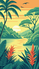 Beautiful Tropical Jungle Landscape with Sunset Sky. Vector illustration