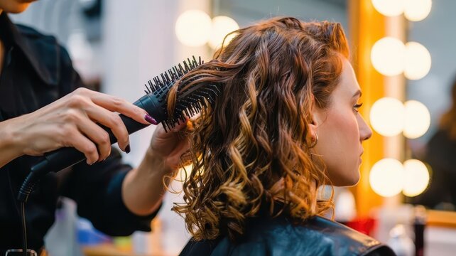 A professional hairstylist uses a brush to create glamorous curls for a smiling blonde client in a beauty salon.