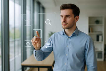 Young business professional interacting with futuristic virtual interface in modern office