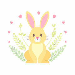 Fototapeta premium A vector graphic of an Easter bunny in a flat style, featuring soft pastel pink and yellow tones, perfect for seasonal greeting cards or festive designs.