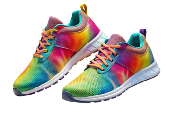 Pair of colorful tie dye running sneakers with orange laces and turquoise accents isolated on a transparent background
