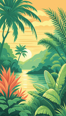 Beautiful Tropical Jungle Landscape with Sunset Sky. Vector illustration