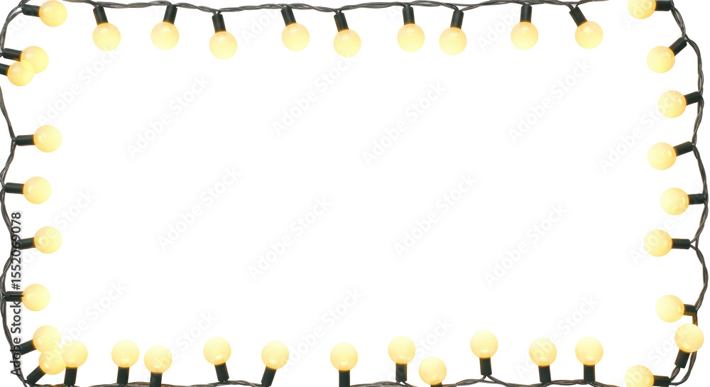 Poster blurred string lights with warm yellow and orange bokeh circles along top and bottom edges, on a tra