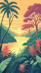 Beautiful Tropical Jungle Landscape with Sunset Sky. Vector illustration
