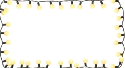 Blurred string lights with warm yellow and orange bokeh circles along top and bottom edges, on a transparent background with ample central copy space, studio shot, festive commercial ambiance