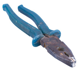 Old rusty combination pliers with blue plastic handles isolated on black background