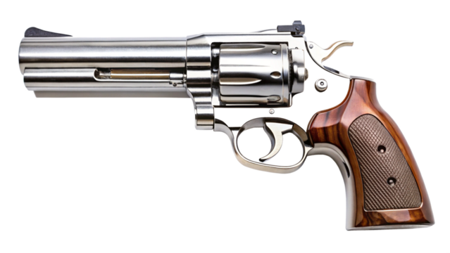 Polished stainless steel revolver with polished wood grip and black frame isolated on a transparent background