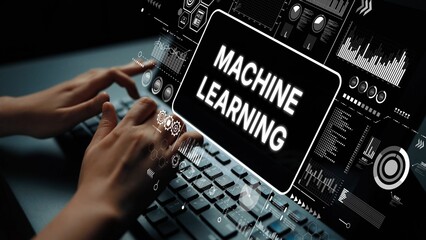 Hands Typing on Keyboard with Digital Interface Displaying Machine Learning Concepts and Data...