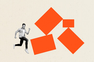 Art collage of person run fast with air fly square shapes on pastel red color background