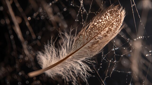 Feather on spiderweb with dew drops macro close up nature wildlife photo art