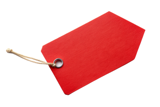 Red paper price tag with string and grommet on black background A I Generated isolated on a transparent background