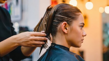 A professional hairstylist uses a comb to section and style a client's brunette hair. Close-up shot of the hands at work in the salon.