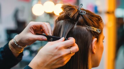 Fototapeta premium A professional hairstylist uses a comb to section and style a client's brunette hair. Close-up shot of the hands at work in the salon.