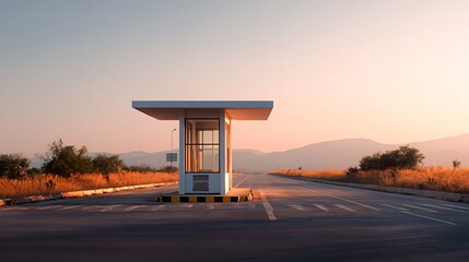 Bus stop shelter on highway road with mountain view at sunset transportation