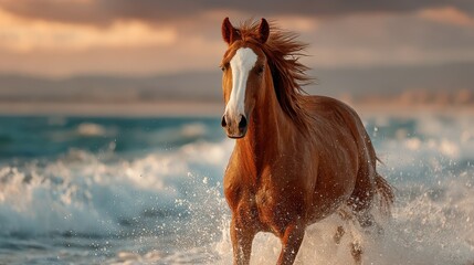 Brown horse runs through waves on a beach during sunset with vibrant colors in the sky