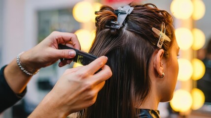 Fototapeta premium A professional hairstylist uses a comb to section and style a client's brunette hair. Close-up shot of the hands at work in the salon.
