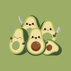 Cute Cartoon Avocados Holding Kitchen Utensils