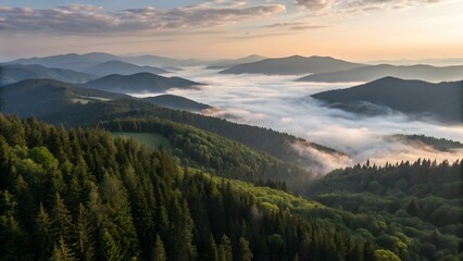 Misty Morning Sunrise Over Lush Green Mountains and Forest Canopy