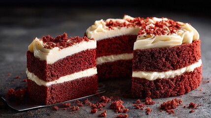 Cut Red Velvet Cake with White Frosting and Crumbs