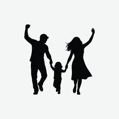 Black silhouette of a happy family of three—man, woman, child—dancing with joy. Symbolizes love, unity, and celebration. Ideal for family, parenting, and lifestyle themes.