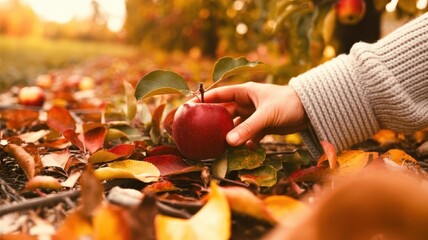  A hand reaches to pick a ripe red apple from a branch surrounded by golden autumn leaves in a sunlit orchard during the fall harvest season.