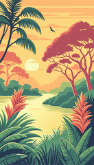 Beautiful Tropical Jungle Landscape with Sunset Sky. Vector illustration