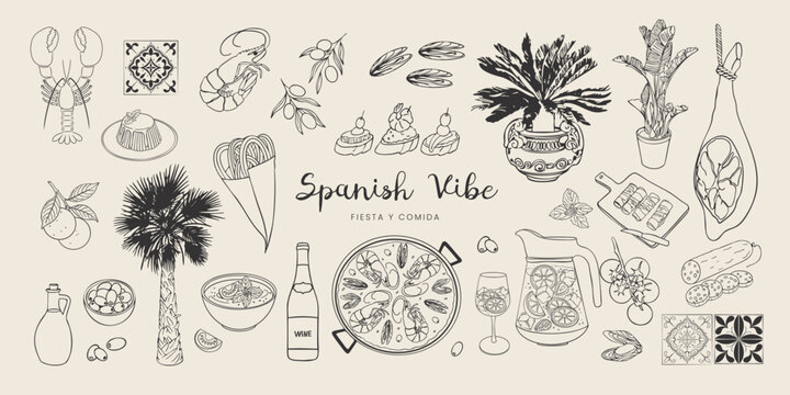Spanish vacation vibe set in trendy sketch style. Hand drawn Mediterranean paella, sangria, tapas, churros, lobster, mussels, chorizo, tile, jamon. Coastal collection for card, print, menu design. - Powered by Adobe