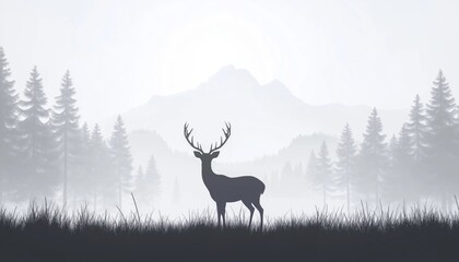 Majestic Scene Of Deer Family In Meadow: Silhouette Of Animals, Trees, Grass, Misty Landscape With Fog And Mountains. Gray Bookmark
