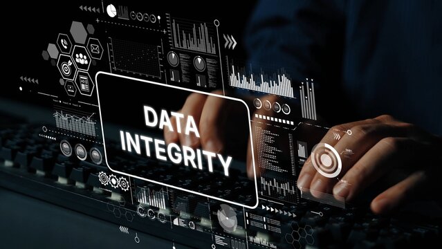 Digital representation of data integrity concept with hands typing on keyboard and visual graphs in dark environment. Asymptotic smart data analytic. - Powered by Adobe