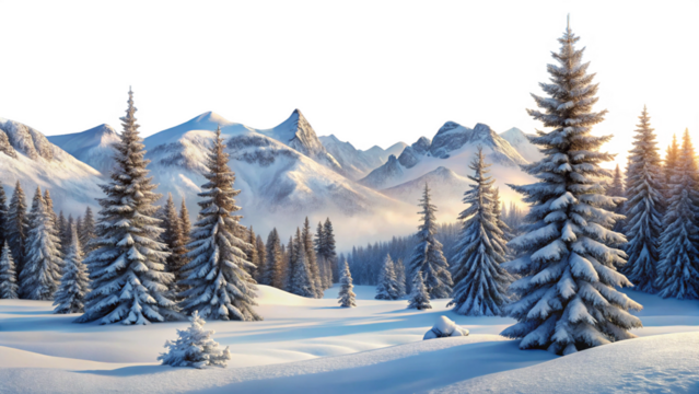 Snow covered fir trees in a serene winter mountain landscape with soft light isolated on a transparent background