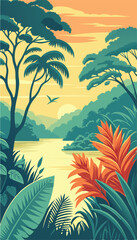 Beautiful Tropical Jungle Landscape with Sunset Sky. Vector illustration
