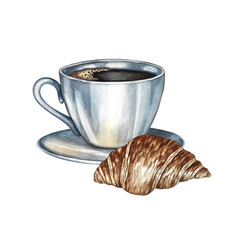 A cup of coffee and a croissant. Hand-drawn watercolor illustration. Isolate. Color image. For packaging, logos, and labels. For banners, flyers, menus, posters, and more.