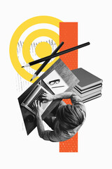 3D photo collage sketch template artwork of young man sit table work lsptop pile book pencil aim job business human resources workspace