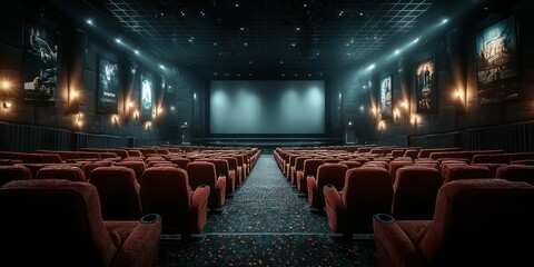 Empty cinema hall with plush seats and vibrant movie posters on display in a modern theater setting during evening hours