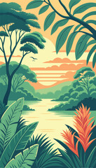 Beautiful Tropical Jungle Landscape with Sunset Sky. Vector illustration