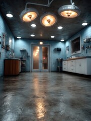 Vintage Operating Room with Overhead Surgical Lights and Reflective Floor