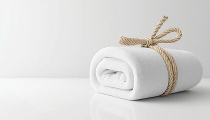White Spa Towel Rolled And Secured With Hemp Rope On A White Counter Table, With Empty Space For Text Or Objects.