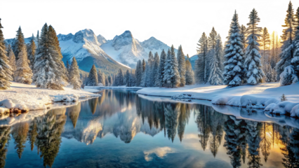 Snow covered pine trees beside a calm river reflecting snow capped mountains at sunrise A I Generated isolated on a transparent background