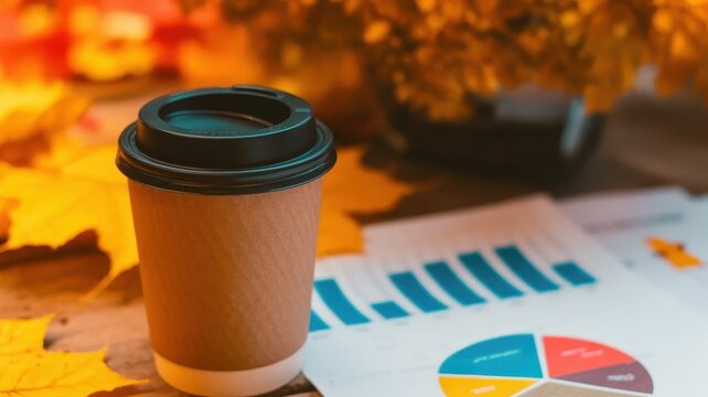 A takeaway coffee cup on a wooden desk with financial charts and reports, surrounded by colorful autumn leaves. Seasonal business and analytics concept.